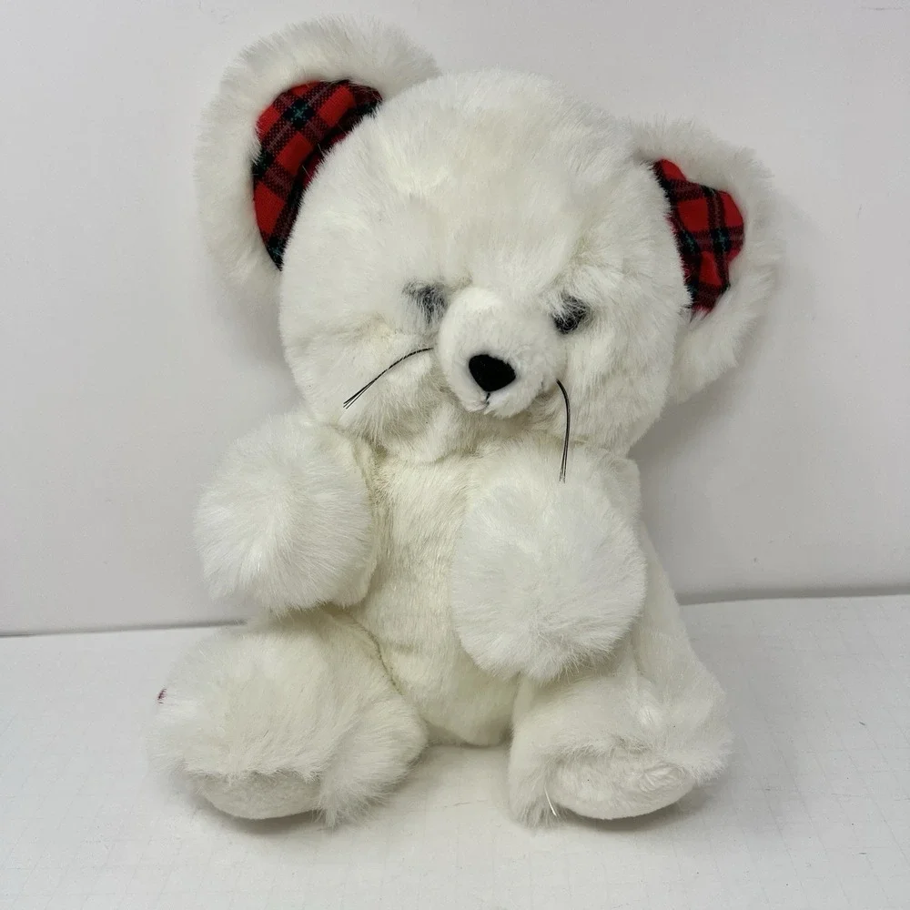1991 White Mouse Plush 10 Inch Stuffed Animal Plaid Ears‎ World of Smile